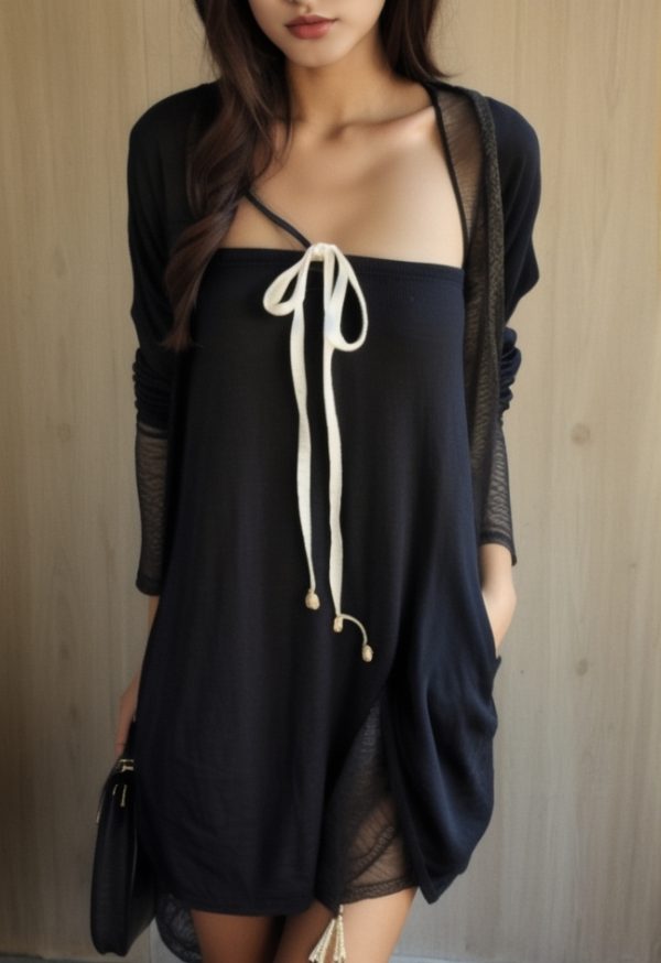Long-Sleeve Square Neck Mini Pleated Dress
